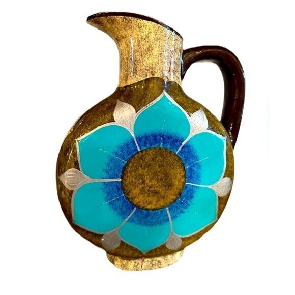 Mexican Cabo San Lucas Clay Pottery Floral Turquoise Pattern Pitcher By Domingo - Picture 1 of 12